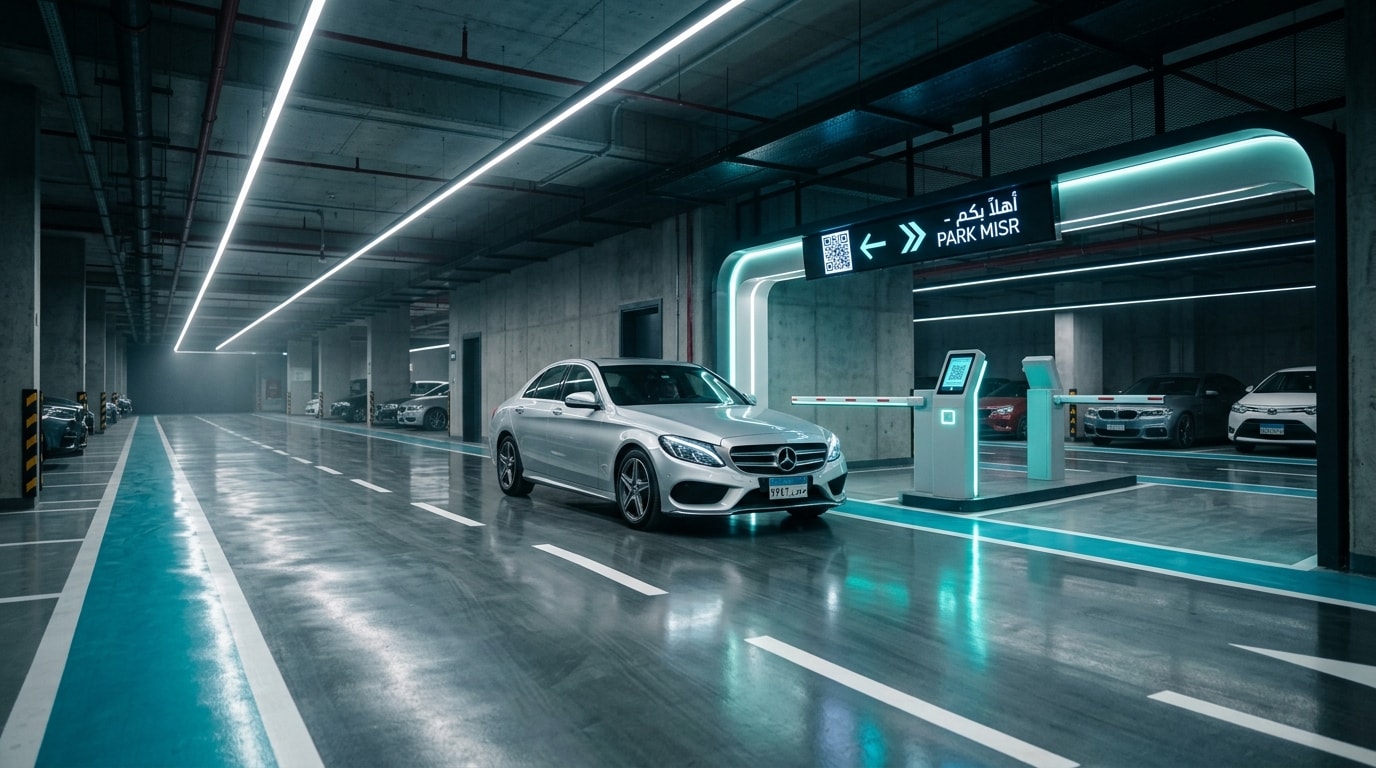 Modern digital parking facility in Cairo with QR check-in kiosk — powered by Irken