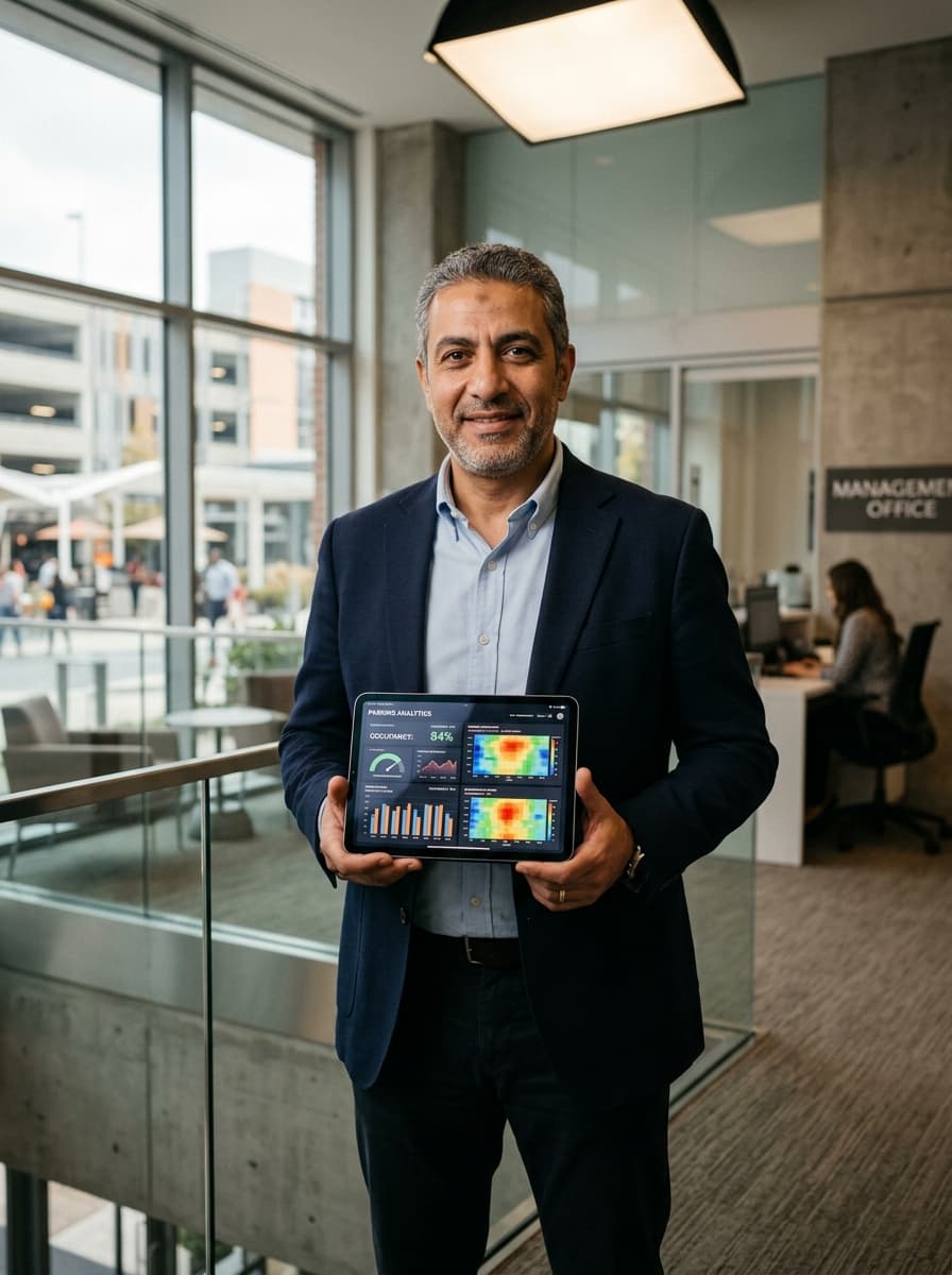 Egyptian commercial facility manager checking parking analytics on tablet