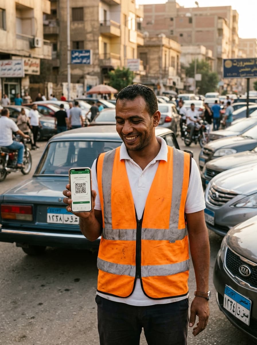 Irken gate attendant scanning a driver's QR code in a Cairo parking facility